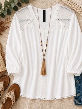 Denver Hayes White Boho Eyelet Blouse 2X